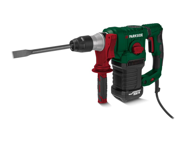 Ein grüner Parkside Elektroschlagbohrer mit Meißel.